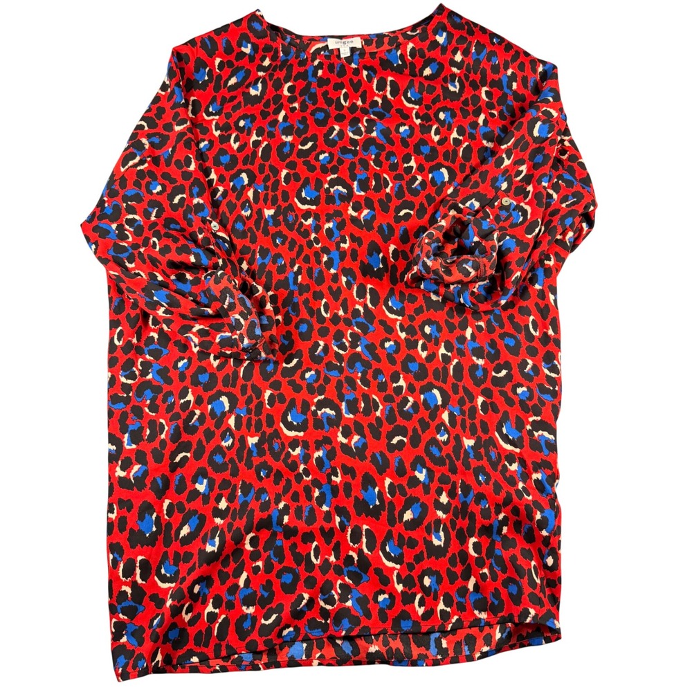 Umgee USA Red Blue Leopard Print Roll Tab Sleeve Shift Mini Dress Small G2468